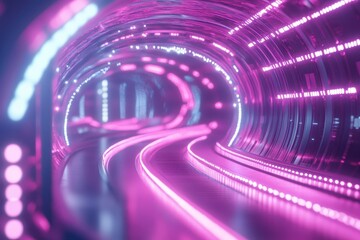 Poster - Curved glowing neon lines create an immersive futuristic data stream environment, Curved glowing neon lines Futuristic data stream Seamless 3D render