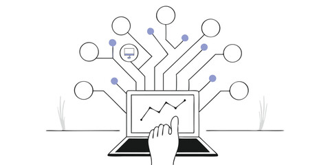 Poster - Laptop with graph and hand interacting with a network of connected devices and data points shown