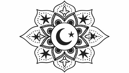 Poster - Black and white mandala with crescent moon and star in the center surrounded by stars and floral design created with generated ai