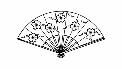Poster - Illustration of a traditional folding fan decorated with floral motifs in a black outline design created with generated ai