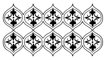 Poster - Repeating pattern of stylized floral motifs in black and white with connecting teardrop shapes created with generated ai