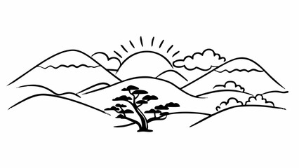 Poster - illustration of a landscape with mountains, a tree, clouds, and a rising sun in black and white outl