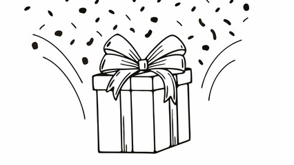 Poster - Illustration of a present box with a bow and confetti falling around it in black and white style created with generated ai