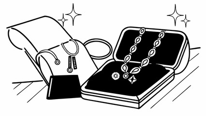 Poster - Illustration of jewelry display with necklaces earrings and a jewelry box on a surface seen from above created with generated ai