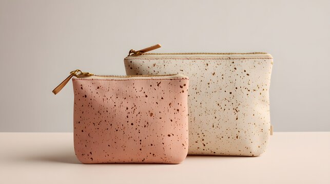 Pink and Beige Speckled Pouches on a Light Background，cosmetic bag