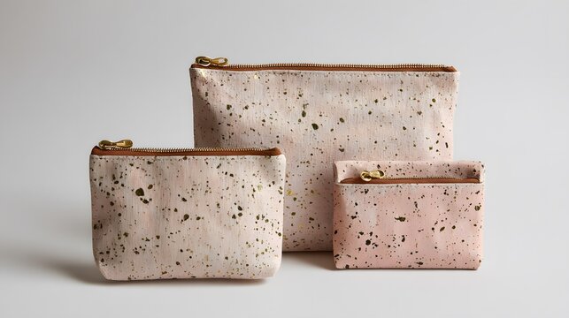 Pink and Beige Speckled Pouches on a Light Background，cosmetic bag