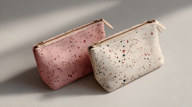 Pink and Beige Speckled Pouches on a Light Background，cosmetic bag