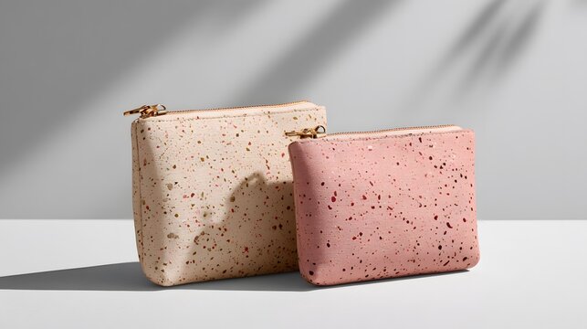 Pink and Beige Speckled Pouches on a Light Background，cosmetic bag