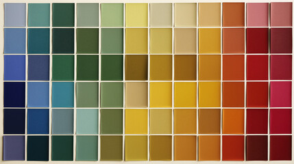Poster - Vibrant array of color swatches arranged in grid showcases spectrum from cool blues and greens to warm yellows, oranges, and reds, offering comprehensive palette for design inspiration