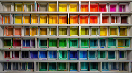 Poster - Vibrant display of colorful paint samples arranged in grid, showcasing spectrum from warm reds and yellows to cool blues and greens, creating visually striking and organized pattern