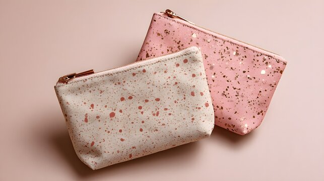 Pink and Beige Speckled Pouches on a Light Background，cosmetic bag