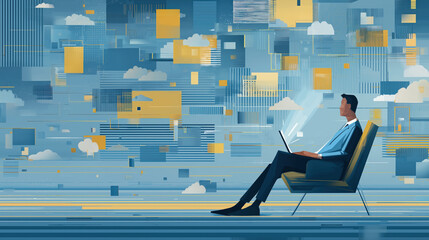 Poster - Man suit sits chair with laptop, surrounded by abstract digital elements and cloud icons, symbolizing digital transformation and connectivity. scene is set modern, blue and yellow color scheme