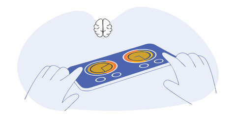 Poster - Hands touch a blue device with two circular displays beneath a brain outline on a light background