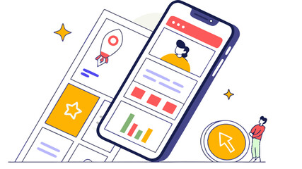 Poster - Illustration of a mobile app interface with a rocket and star icons and a person interacting with it