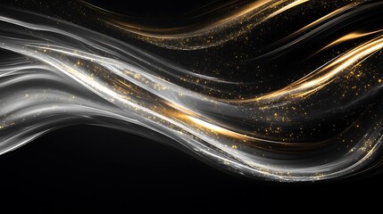 Poster - Abstract flowing gray and white lines with gold glitter on a dark backdrop