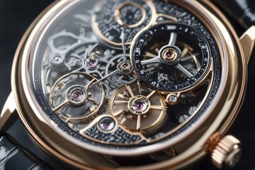 Poster - Intricate close up revealing the inner gears and mechanisms of a precision watch, Intricate close-up of a watch's inner gears and mechanisms