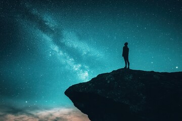 Wall Mural - person on cliff gazing at stars under a vast night sky filled with cosmos, silhouette of person stan