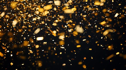 Aufkleber - Floating Gold Confetti Scattered on Dark Background, Abstract Shiny Glitter Effect