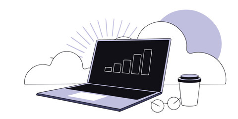 Poster - laptop with a rising bar graph on the screen with coffee and glasses in a cloud background scene