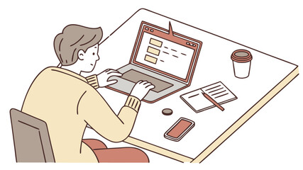 Poster - Person sitting at a desk typing on a laptop with a coffee cup and notepad on the desk working remotely