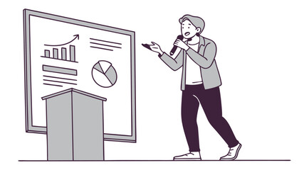 Poster - A man giving a presentation with graphs and a pie chart on a screen next to a podium with a microphone