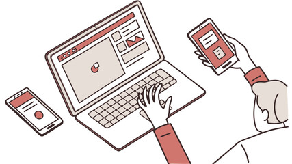 Poster - Person using laptop with interface and holding smartphone with interface next to another smartphone device