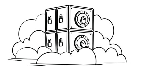 Poster - Sketch illustration of a secure cloud storage with padlocks and vault doors in black and white style