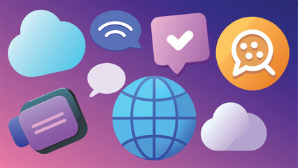 Poster - Colorful graphic icons set on a gradient background including clouds globe and speech bubbles icons