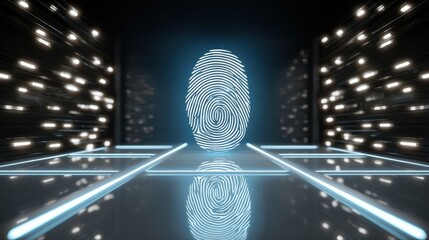 Aufkleber - A futuristic fingerprint illuminated against a dark background, surrounded by bright lights, symbolizing security and technology.
