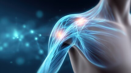 Poster - Abstract depiction of a human shoulder with glowing neural pathways, symbolizing connectivity and advanced technology in medicine.