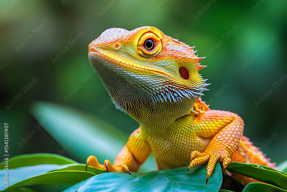 Vibrant close up portrait of a colorful bearded dragon perched on lush green foliage