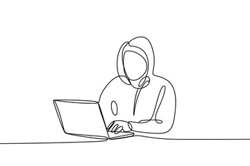 Poster - Person in hoodie using laptop computer single line drawing