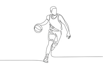 Poster - Continuous line drawing of basketball player dribbling