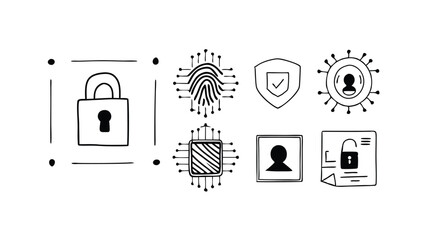 Poster - collection of security icons including a lock fingerprint shield and profile with virus symbols