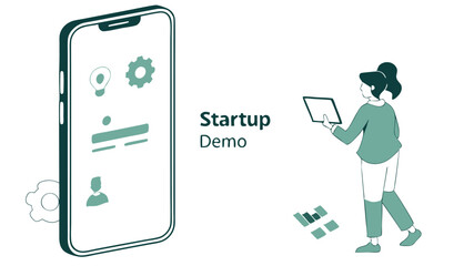 Poster - Illustration of a woman holding a tablet next to a large smartphone displaying startup demo icons and text