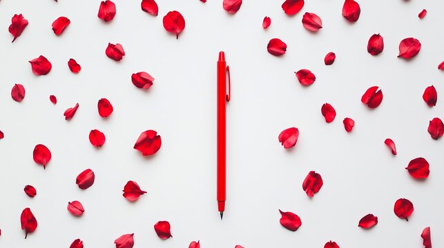 red pen on white background with roses