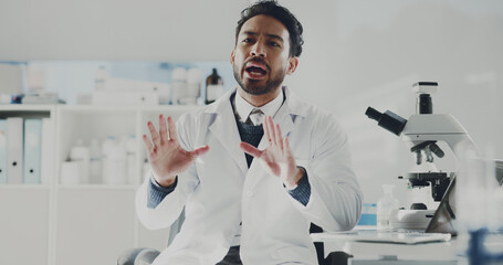 Aufkleber - Scientist, man and discussion for explanation, research study or review for medical innovation. Teaching, talking or male doctor with evaluation results, feedback or gesture for discovery in lab