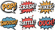 © StreamPixel - collection of comic book sound effect words is presented in bold, stylized text with dynamic shapes.