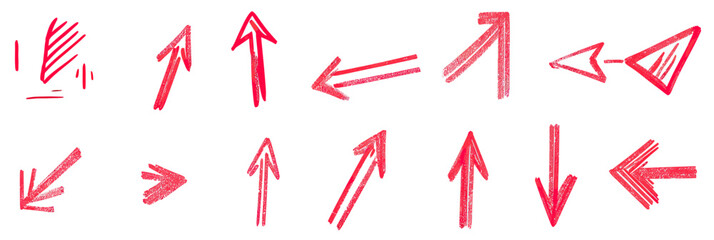 Poster - Hand drawn red arrow icon set with various directional shapes and styles in doodle sketch style for graphic design and navigation concepts vector illustration