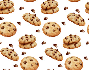 Fototapete - Watercolor style of chocochips cookies pattern with chocolate chip granules isolated on white background. Seamless pattern for paper wrap or wall paper and fabric.