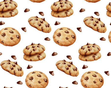 Watercolor style of chocochips cookies pattern with chocolate chip granules isolated on white background. Seamless pattern for paper wrap or wall paper and fabric.