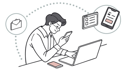 Poster - Person working on laptop with phone and email icons in black and white illustration style scene