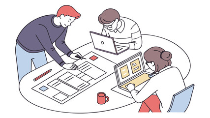 Aufkleber - Three people collaborating on a project around a table with laptops and design sketches visible on table