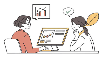 Poster - Two women discussing data analysis with charts and graphs on a computer screen in an office setting