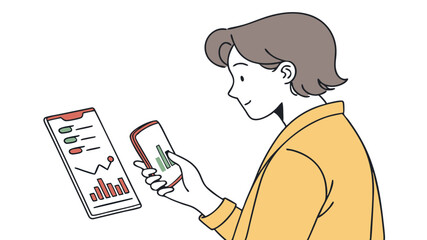 Poster - Person analyzing data on two smartphones with charts and graphs in a modern cartoon illustration style