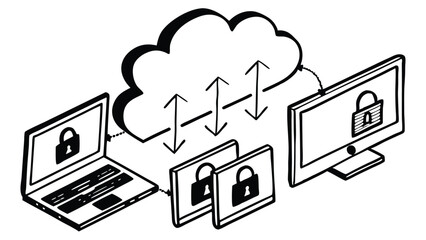 Poster - Cloud network with laptop desktop and secure server communication in black and white illustration