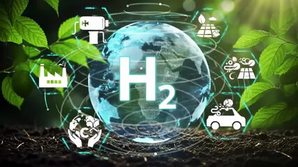 Aufkleber - Globe with H2 Symbol Surrounded by Icons of Sustainable Energy and Technology Amidst Green Leaves Vision of Eco Friendly Innovation and Hydrogen Energy for Greener Future