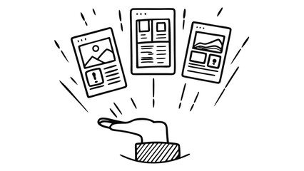 Poster - Hand presenting three digital screens with different layouts and content in black and white style