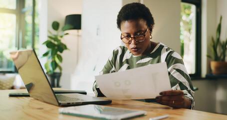 Poster - Reading, paperwork and woman with laptop, freelance and data analysis with tech, accountant or home. Review, financial report and black person with documents for bookkeeping, remote work and house