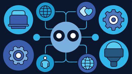 Poster - Illustration of a central node connected to various icons in a circular arrangement design style
